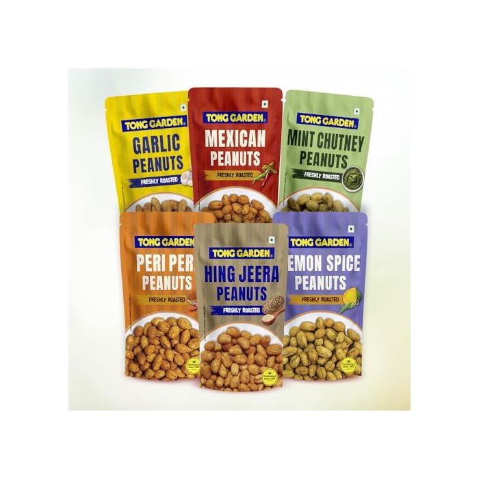 Tong Garden Flavoured peanuts Combo 390g (Mexican Style Peanuts 65g*1 Garlic Peanuts 65g*1 Mint Chutney Peanuts 65g*1 Peri Peri Peanuts 65g*1 Lemon Spics Peanuts 65g*1 Hing Jeera Peanuts 65g*1)