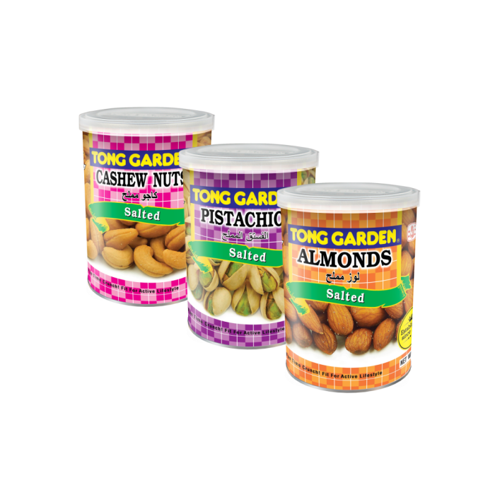 Tong Garden Healthy Nuts - Salted Almond 140g*1, Salted Pistachio 130g*1, Salted Cashew Nuts 150g*1  Can 