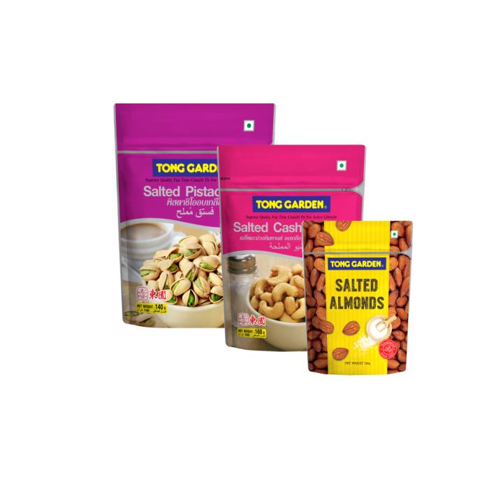 Tong Garden Healthy Nuts - Salted Almond 150g*1, Salted Pistachio 140g*1, Salted Cashew Nuts 160g*1 